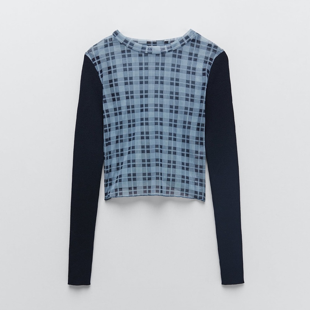 ⭐️2 for $30⭐️ Zara Blue Plaid Mesh Long Sleeve Top